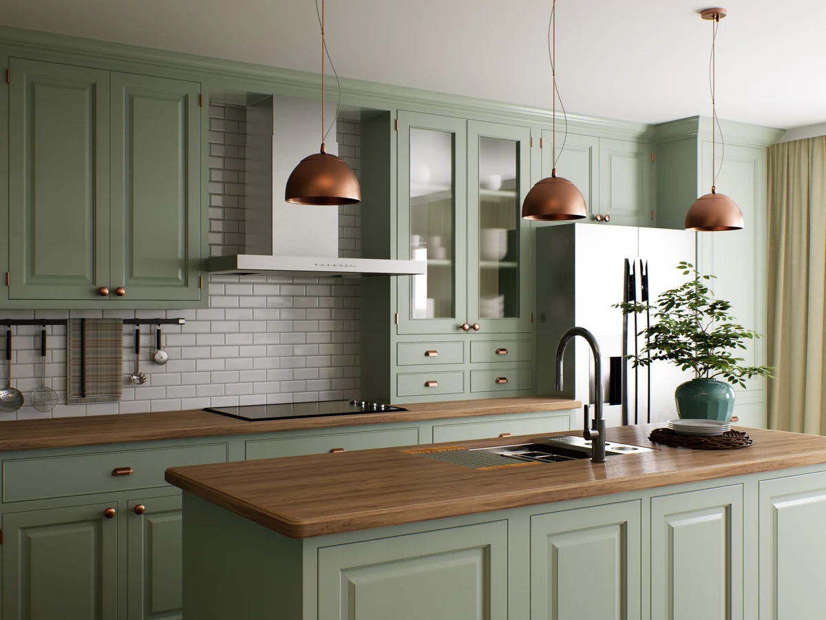 kitchen-painting-sage-green-shaker-surrey-decorators Sage green shaker kitchen cabinet painting in Surrey by Surrey Decorators