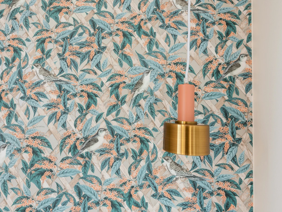 wallpapering-closeup-floral-botanical-surrey-decorators Close-up of floral botanical wallpaper pattern hung by Surrey Decorators wallpaper installers